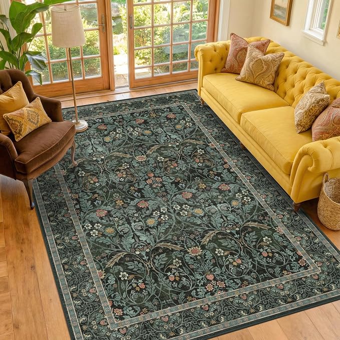 Dark Green 5x8 Dining Room Rug, Floral Washable Soft Non Slip Area Rugs for Living Room Bedroom Home Office Classroom, Vintage Indoor Décor, Botanical Pattern (Olive Green)