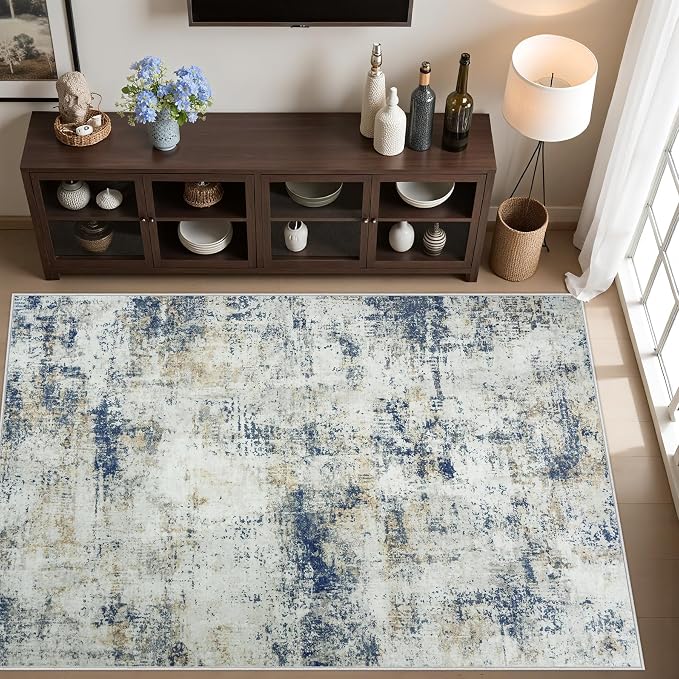 Tosuoka 5x7 Area Rugs for Living Room Abstract Washable Blue Brown Rug | With Anti-Slip Backing，Non-Shedding，Stain-Resistant，Soft Modern Large Carpet for Bedroom Dining Room Farmhouse Nursery