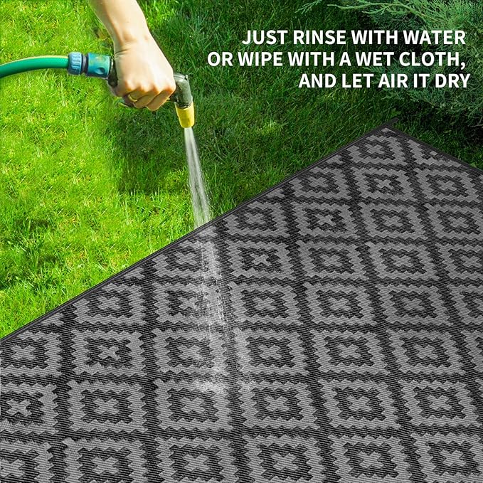 Outdoor Patio Plastic Straw Rug - 8x10 ft Outdoor Camping Rug Waterproof Reversible, Area Carpet Patios RV, Outside Porch Balcony Deck for Camper, Black & Grey