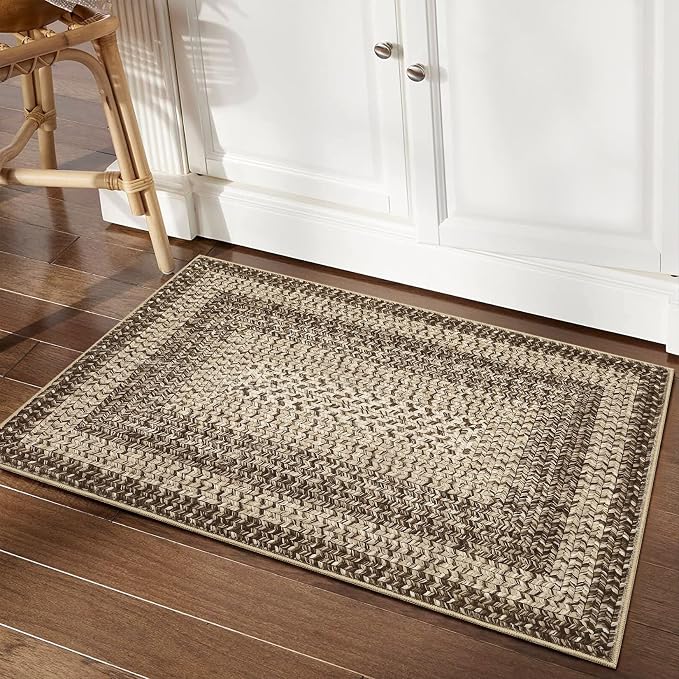 RUGSREAL Entryway Rug 2x3 Small Bedroom Washable Rus with Rubber Backing | Living Room Non Slip Bathroom Mat Stain Resistant Braided Print Carpet for Dining Room Kitchen Hallway, Camel
