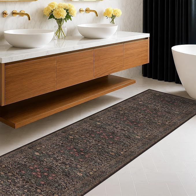 Dark Brown Washable 2x8 Runners for Bathroom, Entryway Indoor Low Pile Rug, 8ft Long Non Slip Hallway Runner Rug, Boho Vintage Floor Décor for High Traffic Area