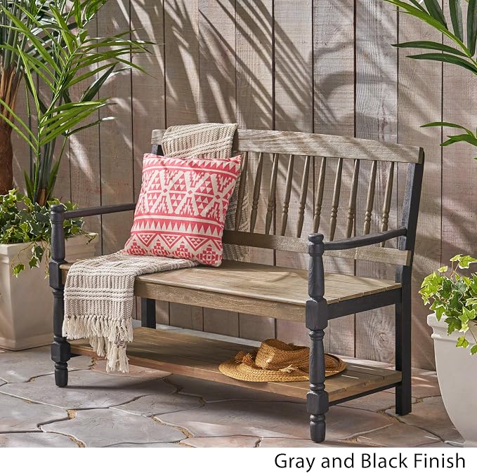 Great Deal Furniture Christopher Knight Home Daphne Outdoor Acacia Wood Bench with Shelf, Gray and Black Finish