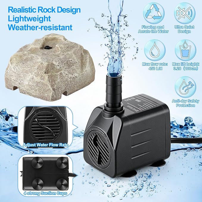 Saillong Bird Bath Water Fountain with Electric Pump, Granite Air Pump Rock for Bird, Rock Waterfall Fountain, Feeder, Aquariums, Fish Tank (Beige)
