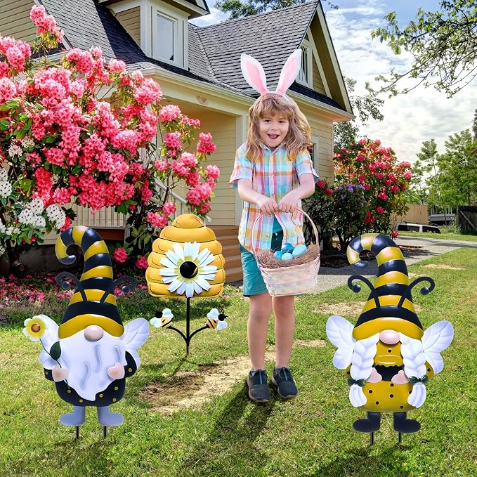 Cinnvoice 3 Pcs Bee Metal Gnomes Stakes 25.4'' Decorative Garden Stakes Spring Yard Gnome Decor with Honeycomb for Lawn Patio Yard Outside