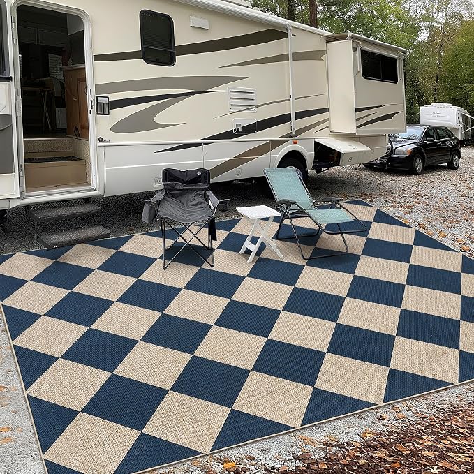 GarveeHome Checkered Easy Jute Area Rug 10x13 Machine Washable Non-Slip Stain Resistant Indoor Outdoor Rugs for Living Room, Bedroom, Kitchen, Dining, Patio Farmhouse Style Navy Blue