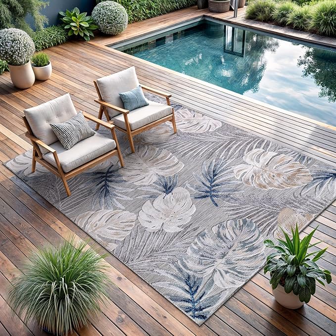 CAMILSON Indoor Outdoor Rug, Blue 9’x12’ Leaf Tropical Botanical Area Rugs for Indoor and Outdoor patios, Easy-Cleaning Non-Shedding Living Room, Garden and Kitchen Washable Outside Carpet (9x12)