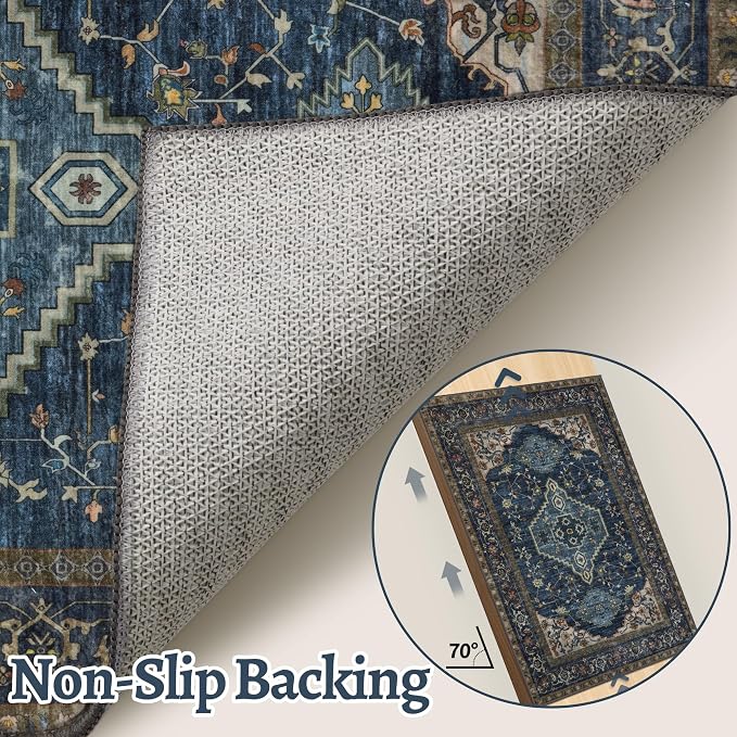 Tangsoo Vintage 2x3 Washable Rugs for Entryway, Non Slip Small Area Rug | Dark Blue Oriental Indoor Front Door Rug, Boho Print Door Mat Soft Low Pile Throw Rugs for Entrance Entry Kitchen Bedroom