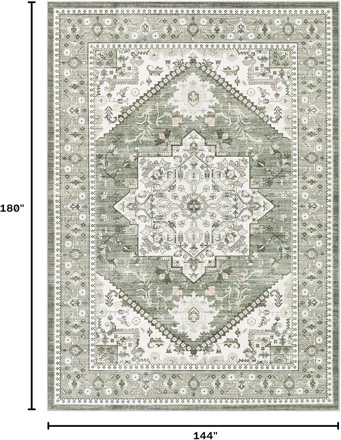 Washable Area Rug-12X15 Vintage Neutral Soft Green | Non Slip Thin Foldable Large Floor Carpet for Living Room Bedroom Kitchen Dining Room Home Office Farmhouse Indoor