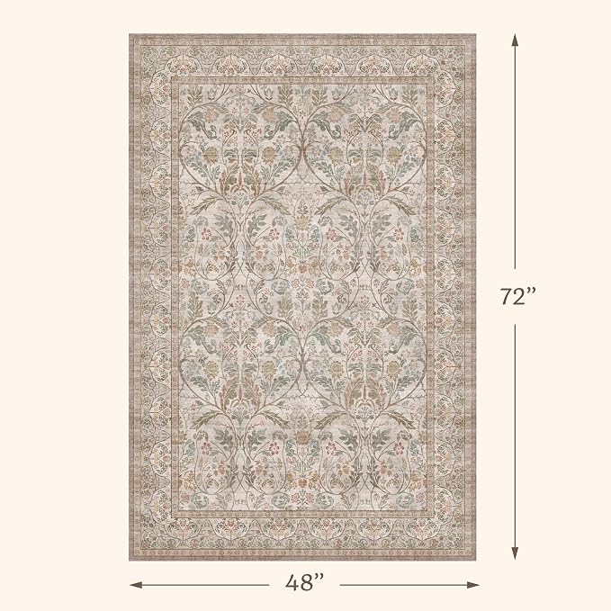 Moss Green 4x6 Washable Entryway Rug, Vintage Boho Farmhouse Small Area Rugs for Living Room Bedroom, Machine Washable Low Pile Kitchen Carpet, Non Slip Stain Resistant Throw Rug for Indoor Front Door