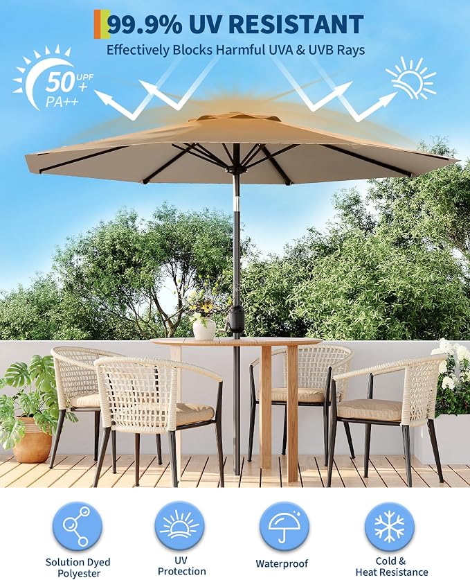 GarveeLife 10 ft Outdoor Patio Umbrella, Outdoor Table Umbrella, Market Umbrella with Push Button Tilt and Crank, 8 Sturdy Ribs UV Protection Waterproof for Garden, Deck, Backyard, Pool (Light Tan)