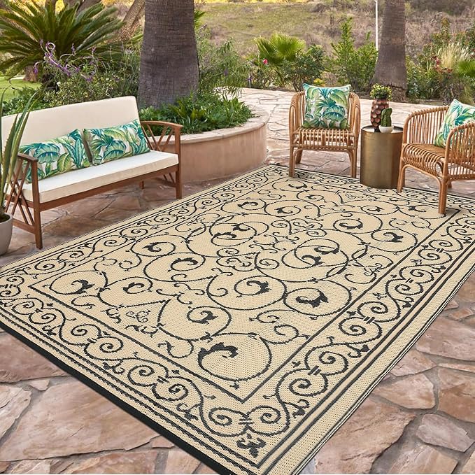 Garvee 8x10 Outdoor Rug Waterproof Plastic Straw Rug Outdoor Patio Rugs Reversible Mat Easy Clean Foldable Lightweight Large Area Rugs for Patio Porch Backyard Camping RV Beach Balcony Vintage Beige