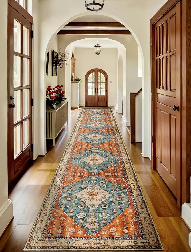 SERISSA 2'6"x16' Washable Non Slip Boho Runner Rug for Hallway | Ultra Soft Vintage Oriental Carpet Low-Pile Tribal Floor Carpet for Kitchen Bedroom Entryway Bathroom Laundry Room