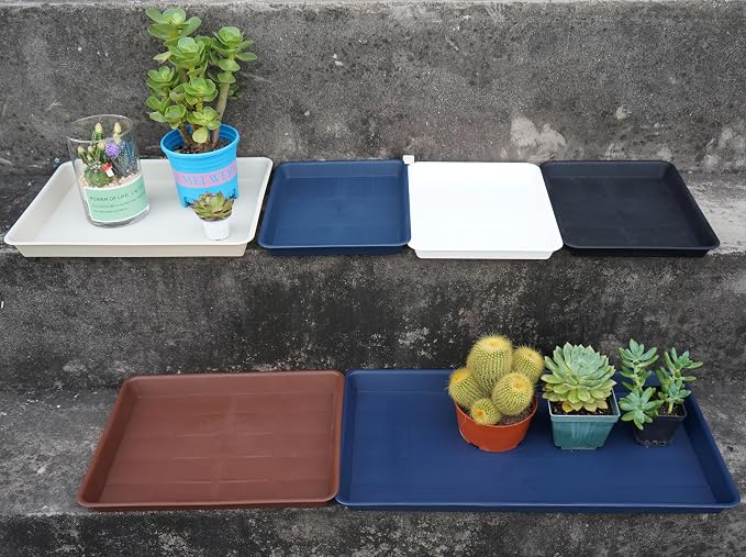 VUWEZ 2 Pack Rectangular Plant Saucer Tray, Heavy Duty Plastic, Beige, 17.5" x 10.6" x 1.5" (2 pack), Plant Drip Trays for Pots, Seed Starter Growing Trays, Indoor/Outdoor Use