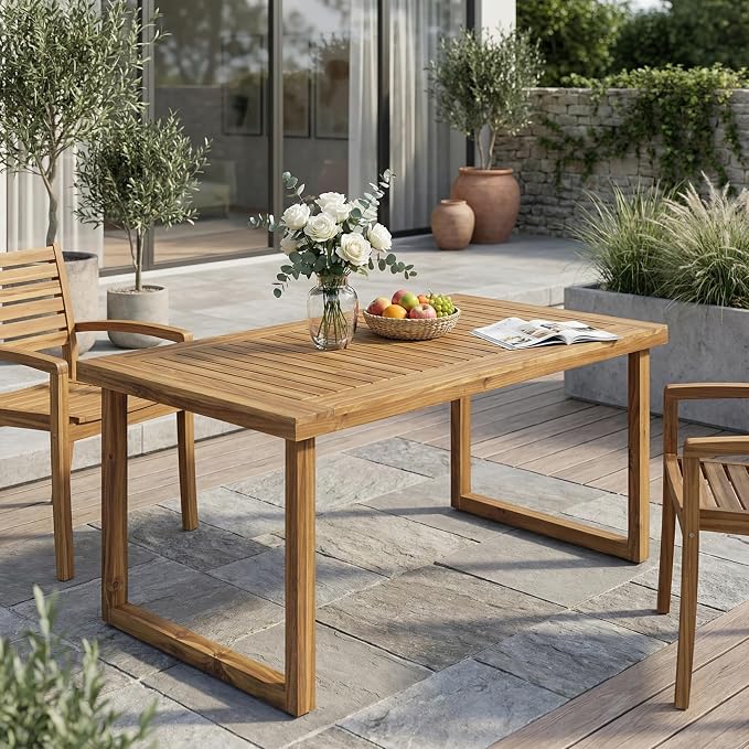 Merax 69" Outdoor Acacia Wood Dining Table, Rectangular Patio Table with Slatted Surface, Sandblast Natural Finish