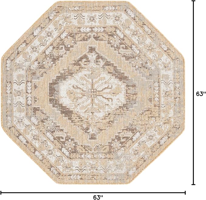 Unique Loom Outdoor Traditional Collection Area Rug - Valeria (5' 3" Octagon, Natural/ Ivory)