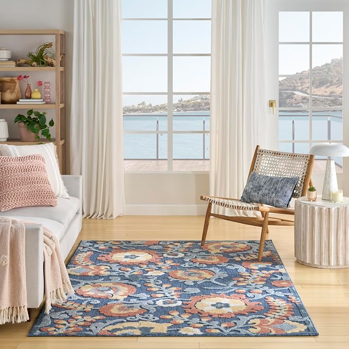 Nourison Home Aloha Blue Rose 3'6" x 5'6" Area Rug - Easy Clean, Non Shedding, Bed Room, Living Room, Dining Room, Kitchen (4' x 6')