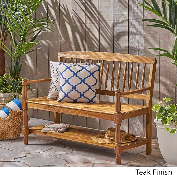Great Deal Furniture Christopher Knight Home Cody Outdoor Acacia Wood Bench with Shelf, Teak Finish