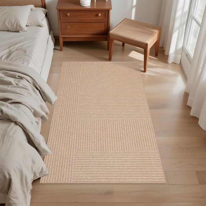 Easy Jute Rug 4x6 Outdoor: Natural Modern Area Rugs for Patio Porch Deck Linen-Look Fabric Durable - Neutral Washable Carpet for Entryway Living Room Bedroom Indoor Non Slip - Beige Stripes