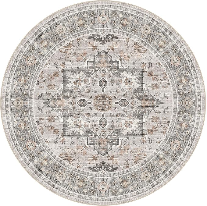 Washable Area Rug-5X5 Vintage Neutral Soft Taupe | Non Slip Thin Foldable Large Floor Carpet for Living Room Bedroom Kitchen Dining Room Home Office Farmhouse Indoor