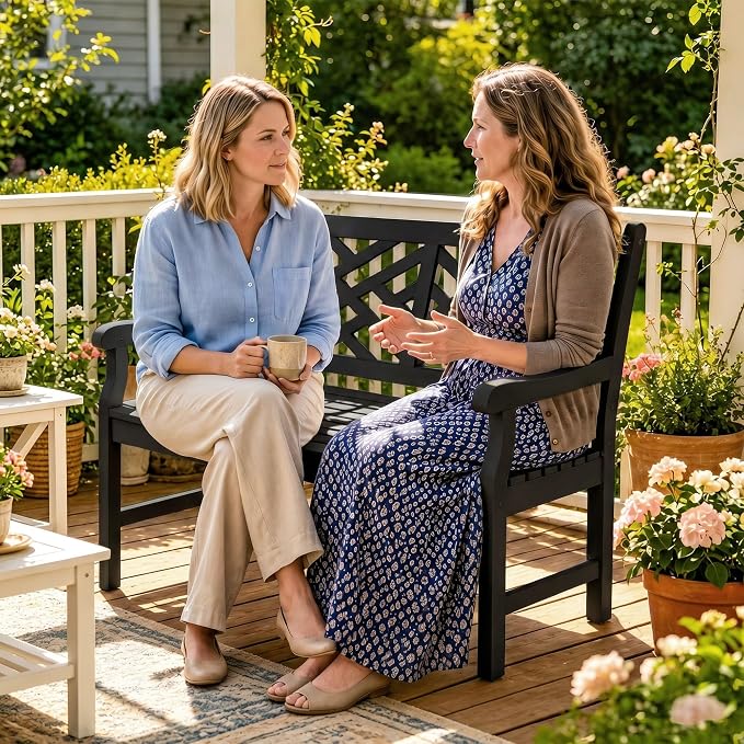 Outsunny Outdoor Garden Bench, Wooden Frame Patio Bench with Geometric Pattern, 43.25 Inch Weatherproof 2-Person Love Seat for Garden, Lawn, Porch, Yard, Work Entryway, Black