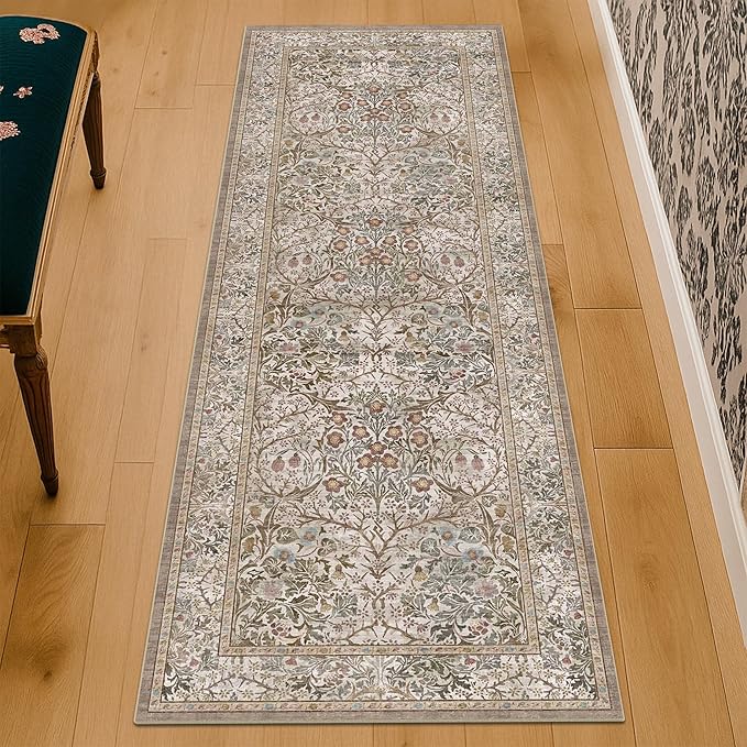 Non Slip 2x7 Moss Green Hallway Runner - Long Runner Rugs for Bathroom, Washable Kitchen Floor Mat, Bedroom Bedside - Brown Earthy Vintage Floral Décor