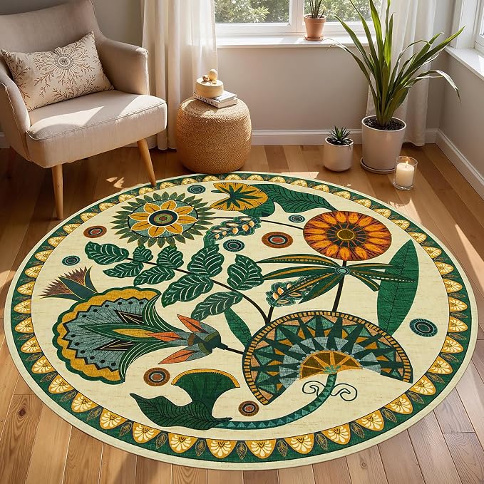 Joydeco Egypt Floral Boho Round Rugs 5FT for Bedroom Playroom Living Room | Boho Colorful Circle Non Slip Stain Resistant Flower Indoor Carpet for Dining Room Nursery Entryway Guest Room Kitchen, Beige