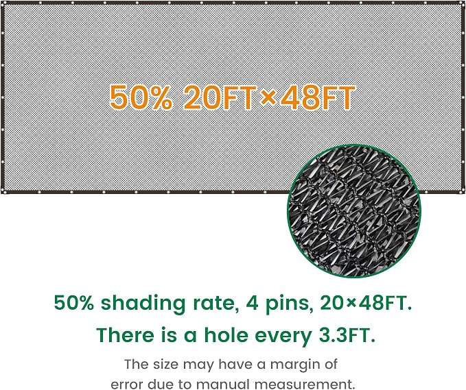 50% 20 X 48 FT Black Shade Cloth, Outdoor Woven Sun Shade with Grommets, Durable Breathable Netting Shading Antifreezing for Patio, Garden, DIY Home, Plants Cover, Greenhouse, Dog Kennel