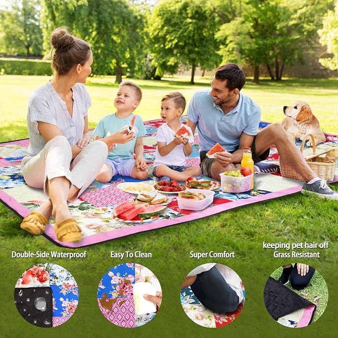 Picnic Blankets Beach Blanket 80" X 80" Extra Large Waterproof Camping Blankets Portable Outdoor Mat 3-Layer Blanket for Beach, Hiking, Park, Music Festival, Grass Lawn,Travel