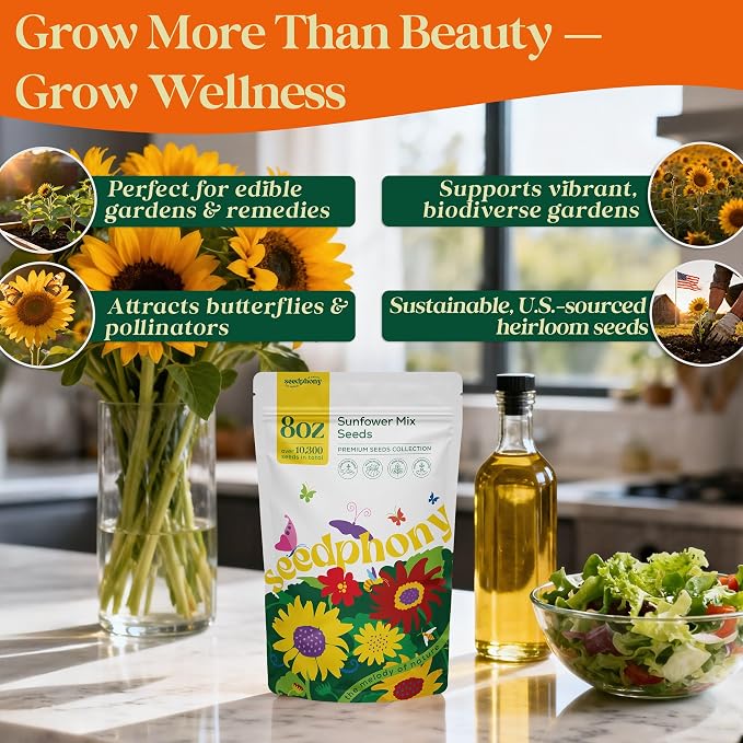 Seedphony Sunflower Mix Seeds Pack 8 oz - 10,300 Non-GMO Heirloom Sunflower Mix Seeds for Planting, Annual Flowers in Waterproof Seed Packet, Edible Flower Seeds for Planting Garden Indoor & Outdoor