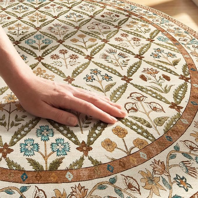 jinchan Round Rug 6ft Vintage Floral Washable Circle Area Rug, Terracotta | Soft & Lightweight, Checkered Floral, Low Pile, Non Slip, Bedroom, Dining Room, Living Room, Girls Room, Reading Nook