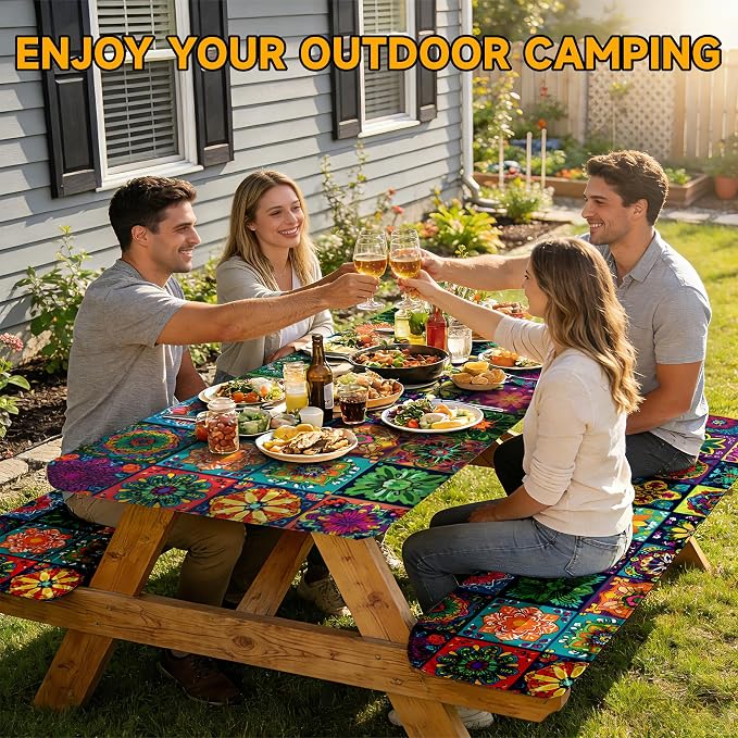 NYZE 3 Pieces Picnic Table Cover with Bench Covers Set, Camping Tablecloth, Tablecloth Cover with Drawstring Bag, Camping Essentials for Outdoor Picnics, Patio, BBQ (Colorful Mandala)