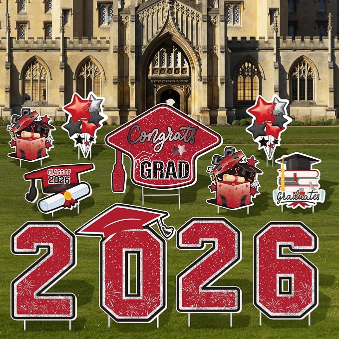 Large 11 PCS Graduation Yard Signs, Class of 2026 Congrats Grad Outdoor Lawn Yard Sign with Stakes, Graduate Yard Decorations for College High School Party, Black and Red