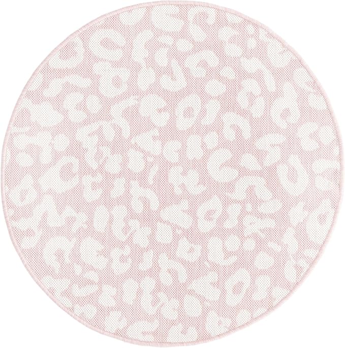 Unique Loom Outdoor Safari Collection Area Rug - Leopard (3' Round, Pink Ivory/ Ivory)