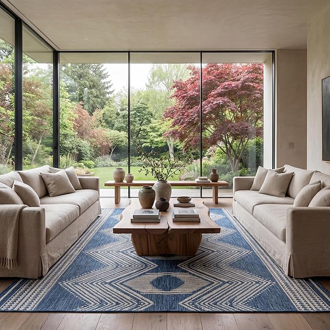 Nuloom Ranya Blue/Ivory, 9'6" x 12', Tribal Geometric, Soft and Cozy, High Traffic, Stain Resistant, Easy Clean, Durable Area Rug for Indoor/Outdoor Patio, Deck, Porch, Garden, Courtyard