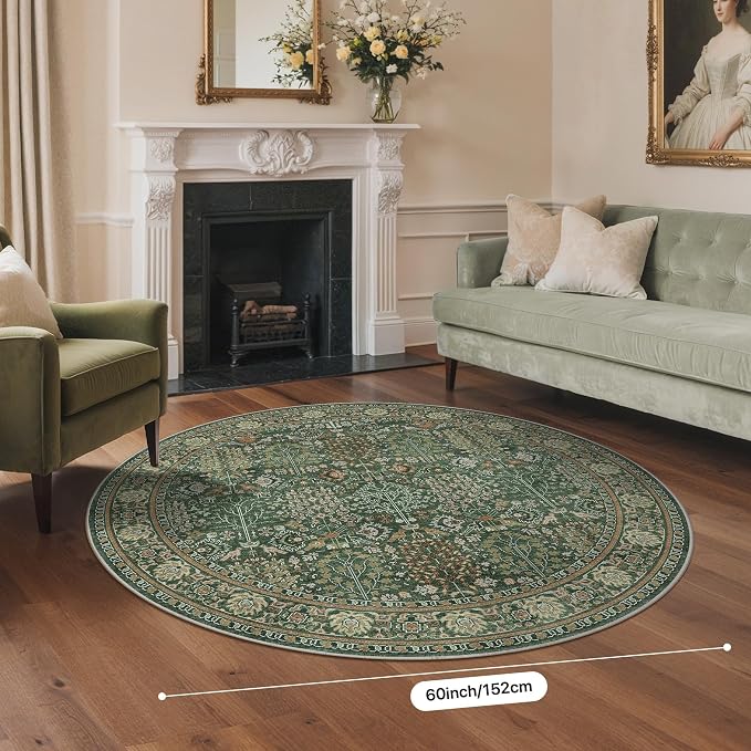 5ft Round Area Rug 5x5, Washable Non Slip, Forest Green | Vintage Floral Circle Design, Spill Resistant Lightweight Low Pile Non-Shedding Carpet for Bedroom, Nursery, Kitchen