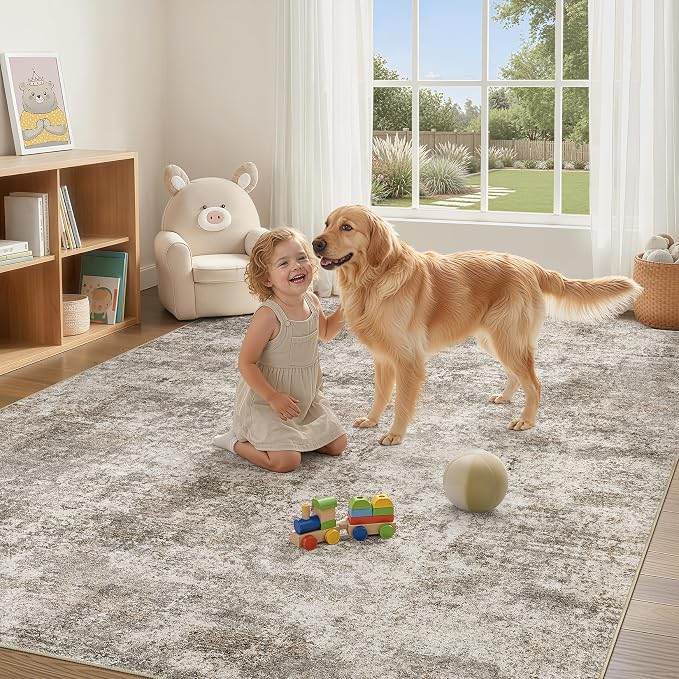 Nakagishi 6X9 Abstract Washable Area Rugs for Living Room-Brown | Modern Non-Slip Silicone Backing Low Pile Soft Carpet for Bedroom Dining Decor Ideal for Families with Kids and Pets
