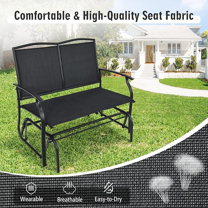 Tangkula 2-Person Patio Glider Bench, Outdoor Rocker Glider Loveseat Chair W/Heavy-Duty Steel Frame, Breathable Seat Fabric, Rocking Lounge Chair for Poolside, Garden, Backyard (Black)