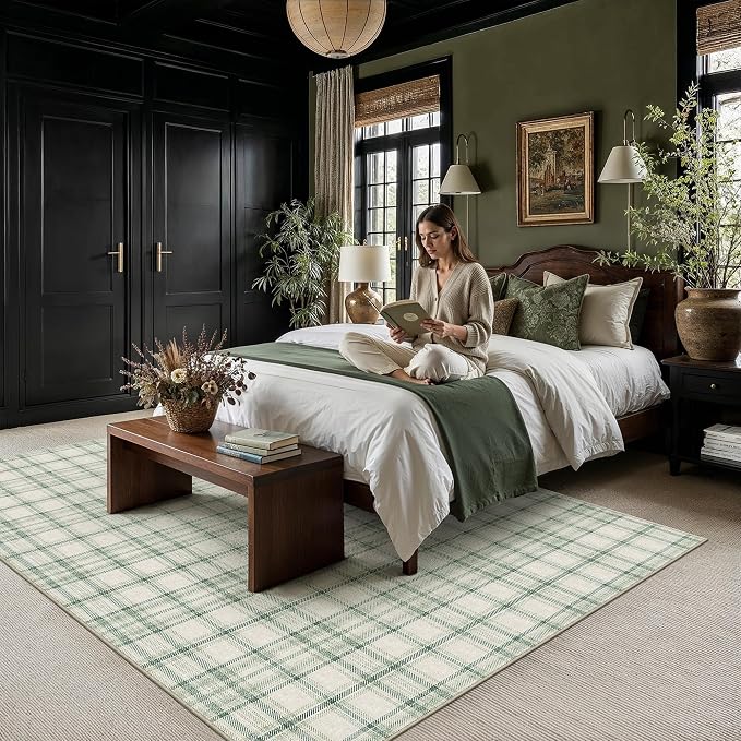 6x9 Green Plaid Living Room Area Rug | Washable, Low Pile, Modern, Neutral, Soft, Non Slip, Rug for Bedroom Dining Room Nursery Office Indoor Home Decor