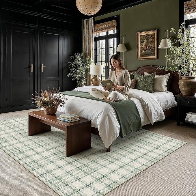5x7 Green Plaid Living Room Area Rug | Washable, Low Pile, Modern, Neutral, Soft, Non Slip, Rug for Bedroom Dining Room Nursery Office Indoor Home Decor