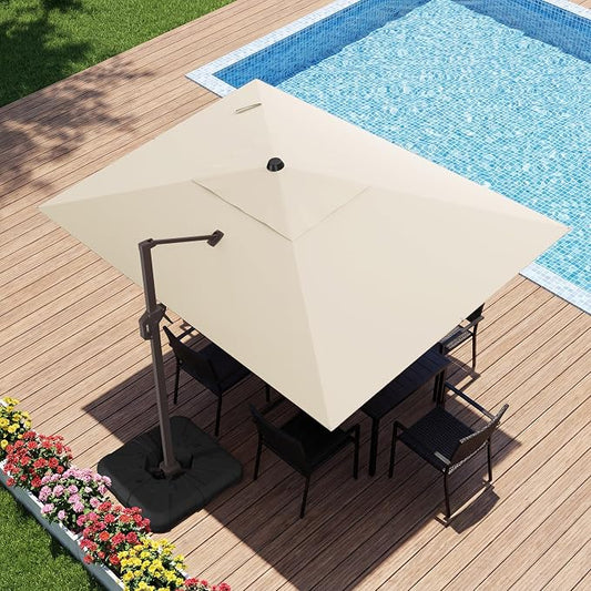 9x12 FT Cantilever Patio Umbrella with Base, Large Rectangular Offset Outdoor Umbrella with 360° Rotation, Heavy Duty Shade Umbrella for Garden Backyard Deck Poolside Courtyard, Beige