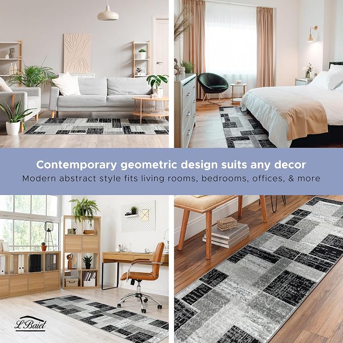 L'Baiet Verena Geometric Area Rug Black Grey 2' x 6' Runner Throw Rugs Carpet for Living Room, Bedroom, Dining Table, Office, Hallway, Foyer | Neutral Colorful Modern Abstract Home Decor