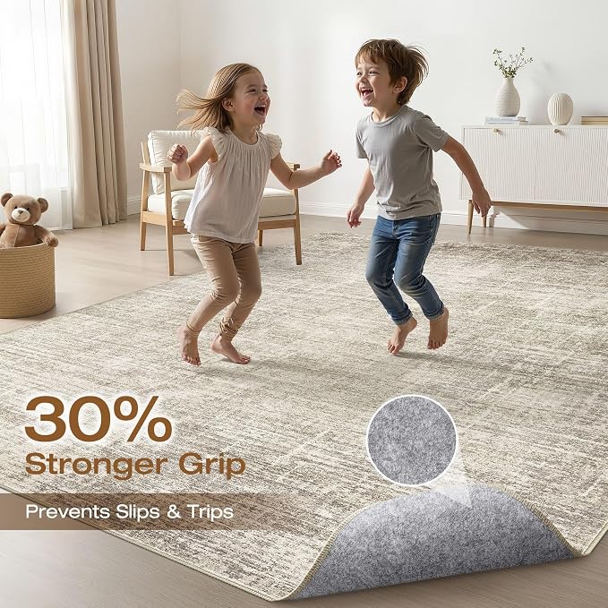 LOONGRUG 10x14 Area Rugs Washable Neutral Modern Rug for Living Room Brown | Large Abstract Soft Stain Resistant Indoor Non-Slip Carpet for Bedroom Nursery Kids Office Playroom Dining Room