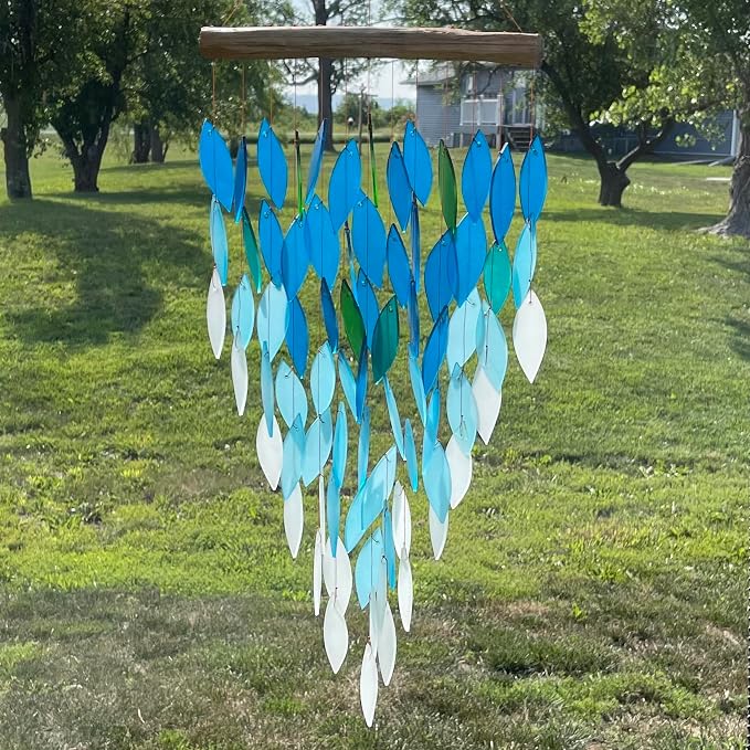 Blue Handworks Ocean Ombre Deluxe Waterfall Glass Wind Chime | Handcrafted Deluxe Waterfall Glass Wind Chime with Ombre Gradient from Deep Royal Blue to Soft Aqua and Frosted White