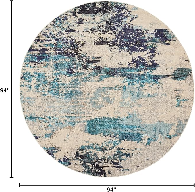 Nourison Home Celestial Ivory Teal Blue 7’10” x Round Area Rug - Easy Clean, Non Shedding, Bed Room, Living Room, Dining Room, Kitchen (8' x Round)
