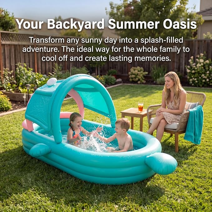 Inflatable Kiddie Pool with Canopy, Giant Fish Blow Up Pool for Kids Toddlers Adults, Thickened PVC Family Pool, 3 Air Chambers, 65"×38"×18" Backyard Summer Splash