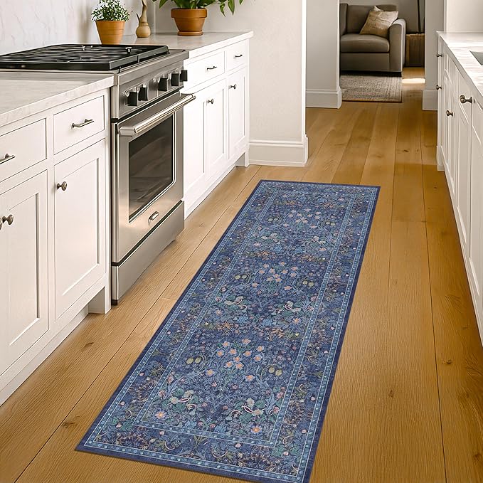 Dark Blue Washable 2x8 Runner Rugs Non Slip for Hallway, Bathroom, Kitchen, Entryway - 8ft Long Low Pile Carpet Runner, Floral Pattern Indoor Floor Mats Stain Resistant Home Décor