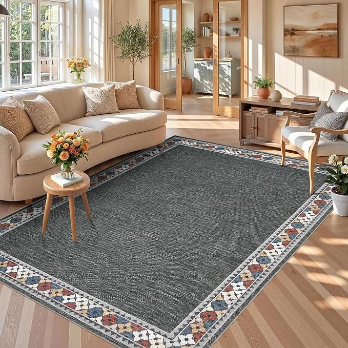 Garvee 5x7 Area Rugs Tribal Border Washable Rugs Living Room, Dark Gray | Floral Border Area Rug Stain Resistant Easy Cleaning Throw Rugs Non Shedding Low Pile Floor Cover for Nursery Dining Room