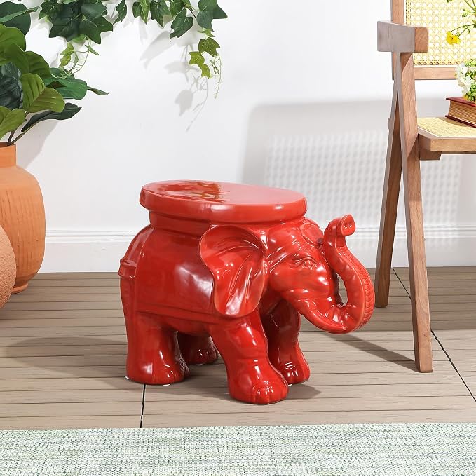 JONATHAN Y White Elephant 14.25" Glazed Ceramic Elephant Garden Stool, Weather-Resistant Indoor/Outdoor Patio Side Table and Plant Stand, Bohemian, Red TBL1007B