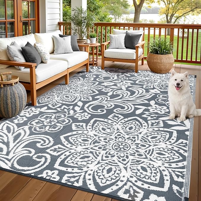 Findosom Waterproof Outdoor Rug 6' x 9' - Reversible Mandala Outdoor Plastic Straw Rug, Durable Foldable Patio Rug for RV, Deck, Balcony, Backyard, Picnic, Porch, Camping, Beach, Gray