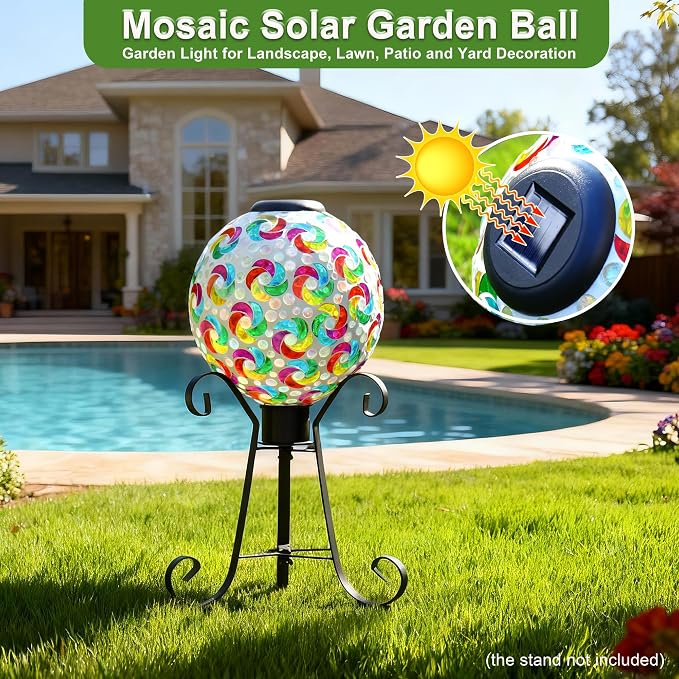SAVENNA Mosaic Solar Gazing Ball 10 Inch, Glass Garden Globe with Auto On/Off for Yard, Lawn & Outdoor Decor, Multicolor Mosaic